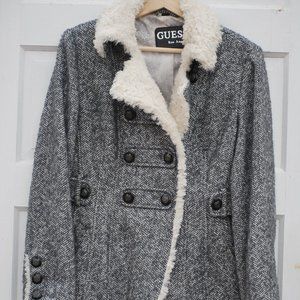 Guess Women's Herringbone Peacoat Faux Fur Trim-M
